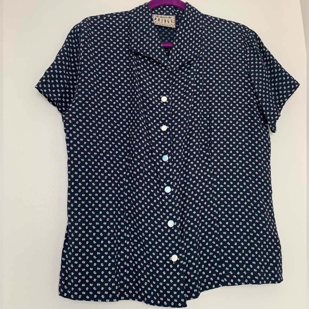 💖 Vintage Golden Bridge Short Sleeve Ditsy Floral Button up collared Blouse